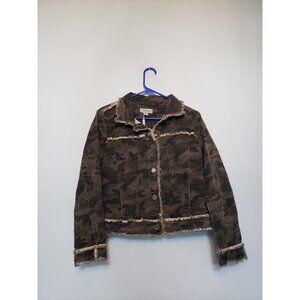 Charlie Page Women's M Trucker Jacket Camo Moto Fray Fringe Hem 100% Cotton NWOT